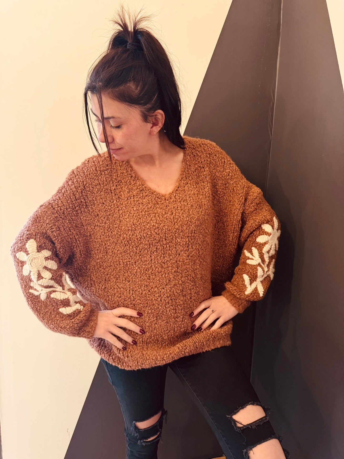 Pull Brique - Manches Fleurs